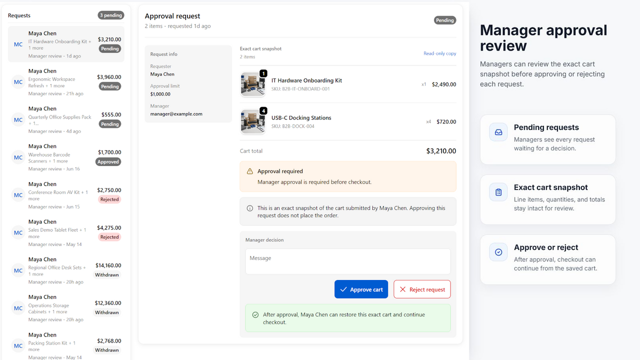 ApproveCart approver interface for editing and deciding a pending purchase request